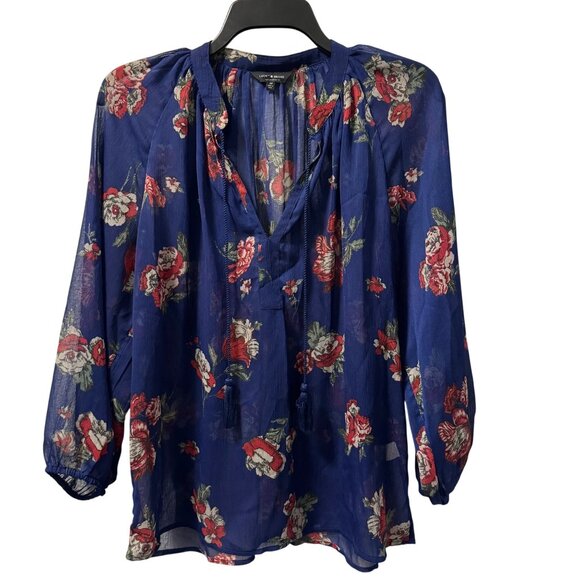 Lucky Brand Floral Sheer Blouse Sz M Blue Red Polyester Womens Top - Picture 1 of 12
